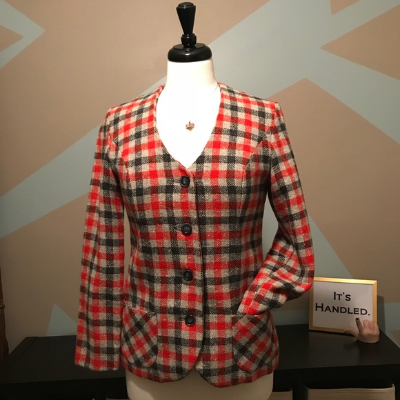 Jackets & Blazers - Vintage Wool Checkered Orange and Gray Blazer